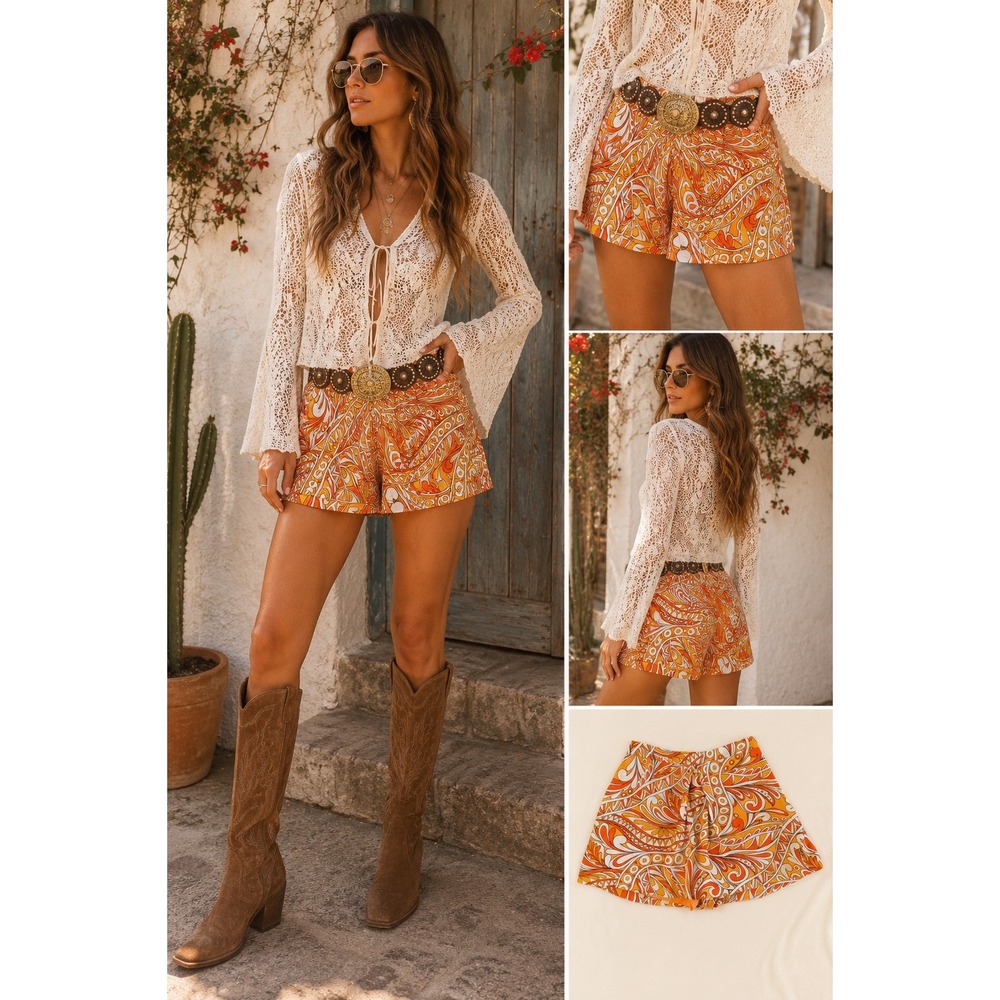 Express High Waisted Pleated Shorts Orange Retro Swirl Print Flowy Lined Sz 6